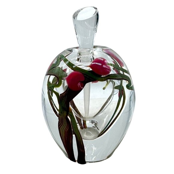 Zellique Handcrafted Glass Perfume Bottle Pink Floral Design & Clear Stopper 4"H - Picture 2 of 7